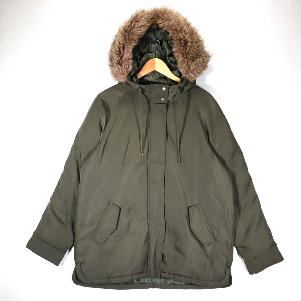 Old Navy Parka Jacket Women Large Green Faux Fur Trim Hooded Winter Utility Coat